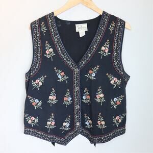 TanTrums Black Floral Embroidered Button Vest Cottagecore Cotton L